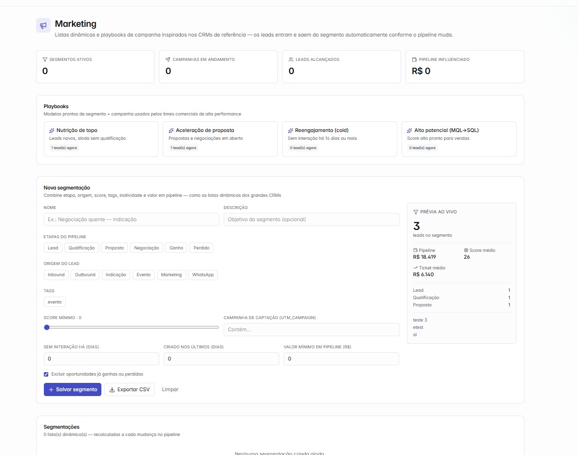 Módulo de Marketing do brio.app com segmentações dinâmicas, playbooks de campanha e prévia ao vivo de leads
